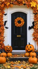 Obraz premium Festive Halloween front door decorated with autumn leaves, jack-o'-lanterns, and bat silhouettes creating a spooky seasonal welcome scene with warm orange and black color palette