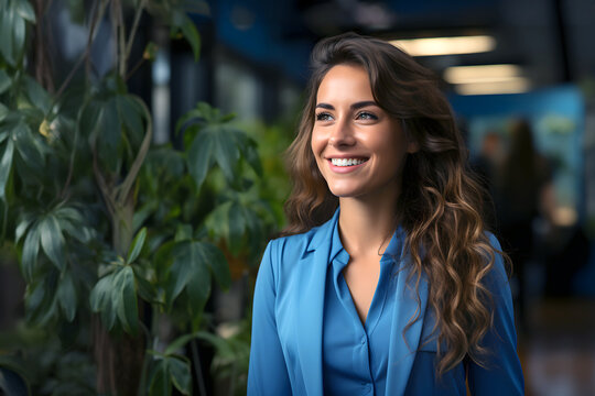 Confident woman in a blue shirt standing in a bustling cafe during a busy afternoon