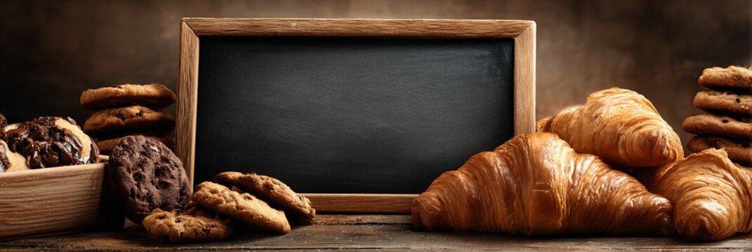 Rustic bakery scene with fresh croissants, chocolate cookies, and a blank chalkboard menu showcasing artisan pastry delights in warm, inviting tones