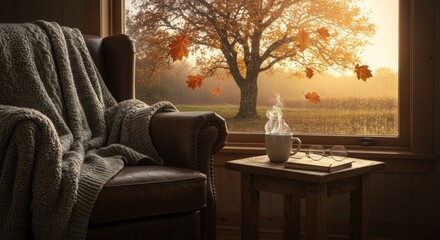 Cozy autumn reading chair next to window overlooking vibrant fall foliage and warm morning light creates perfect setting for relaxation and reflection during autumn season