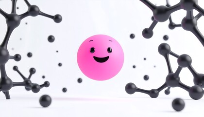 Pink happy face surrounded by black molecular structures