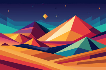 Vibrant Geometric Mountain Landscape at Night Abstract Art
