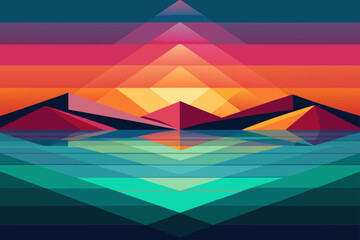 Geometric Sunset Landscape Abstract Mountain Reflection Artwork