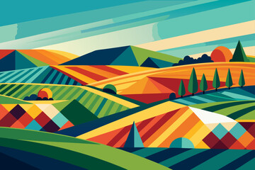 Vibrant Geometric Landscape Illustration Rolling Hills and Fields