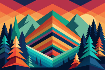 Geometric Mountain Landscape Illustration Sunset Hues and Evergreen Trees