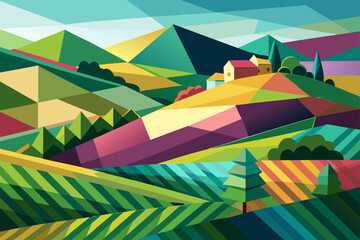 Vibrant Geometric Landscape Colorful Hills, Farm, and Trees