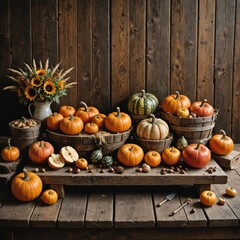 Farmhouse harvest still life showcases pumpkins, apples, sunflowers, and nuts arranged on wooden tables in a rustic setting capturing essence of autumn season