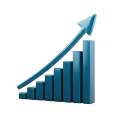 Blue 3d bar chart with upward trend arrow isolated on transparent background