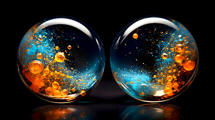 Colorful abstract glass spheres with vibrant orange and blue fluid patterns under dramatic lighting