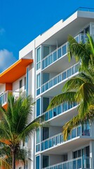Modern white and orange apartment building with glass balconies and palm trees against vibrant blue sky, showcasing contemporary tropical urban architecture design