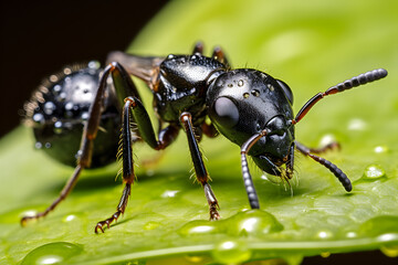 Fototapeta premium Close-up view of an ant on a leaf with water droplets in a garden during daylight