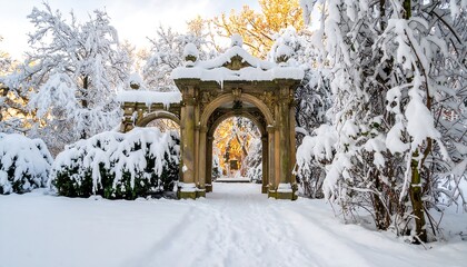 A stone archway, covered in snow, leads through a winter wonderland garden.