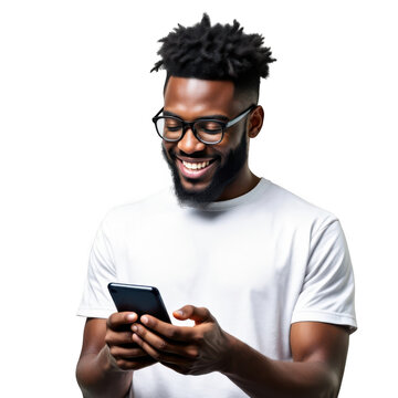 A joyous african american man wearing glasses and a white t shirt smiles while looking at his mobile phone isolated on transparent background