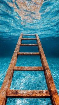 Underwater wooden ladder ascending through crystal-clear turquoise waters, symbolizing journey, challenge, and the path to personal growth and exploration