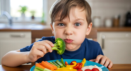 A young boy eating broccoli with a plate of vegetables in a bright kitchen setting at the table