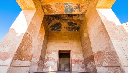 Ancient Egyptian temple entrance with hieroglyphs and paintings.