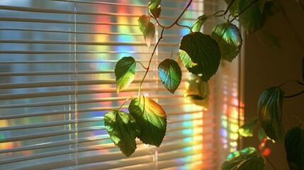 Sunlight filtering through window blinds creates a vibrant rainbow effect on green leaves, casting colorful reflections and illuminating the delicate plant details with a magical glow