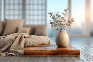 Stylish home decor featuring dried eucalyptus in vase on wooden stand in cozy room.