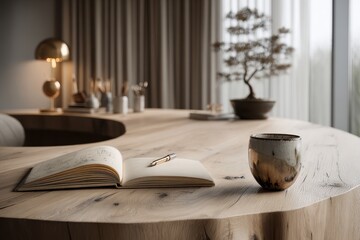Modern wood desk with notebook, pen, and cup in a serene home office space.