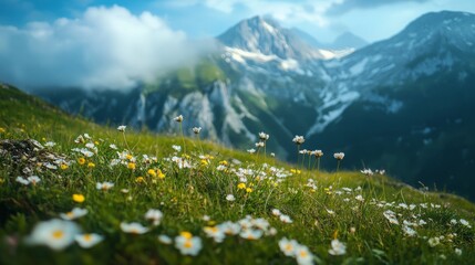 Fototapeta premium wildflowers among the beautiful and large mountains generative ai