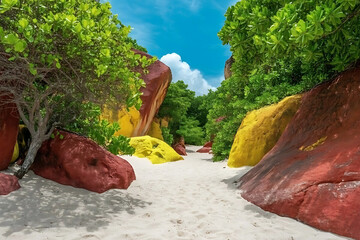 A sandy path between colorful rocks and lush green trees under a bright blue sky with white clouds