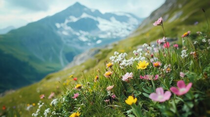 wildflowers among the beautiful and large mountains generative ai