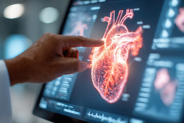 Innovative heart data visualization displayed on a transparent digital screen in a medical setting