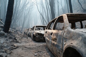 Devastation from wildfires in a scorched forest with abandoned vehicles on a misty day