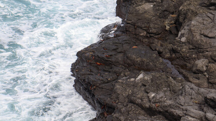 Ondas do oceano Atl&acirc;ntico batendo contra rochas no litoral brasileiro, formando um cen&aacute;rio natural de for&ccedil;a, movimento e beleza costeira