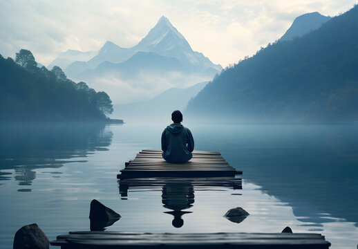 Individual meditating by tranquil lake surrounded by mountains at sunrise - Powered by Adobe