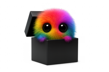 Adorable rainbow colored furry monster hiding in black box with transparent background