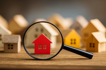 Red house model under magnifying glass surrounded by wooden house models on a table