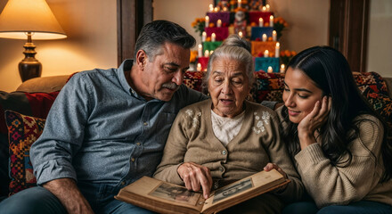 Mexican grandmother looking at family photo album and sharing stories with her son and granddaughter during Dia de los Muertos with traditional altar in the background