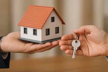 New homeowners receiving keys to their dream house in a cozy office setting