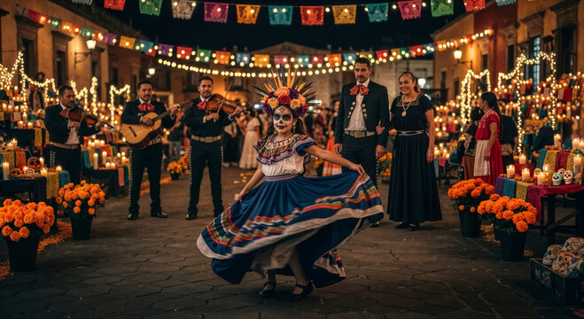 Young Mexican girl in a Catrina costume dancing in a plaza during Día de los Muertos celebration, with her parents watching and mariachis playing in the background at night