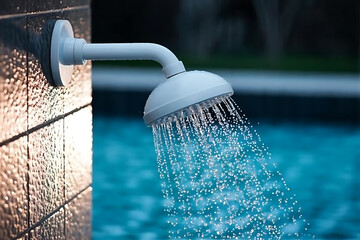 A white outdoor shower head with water flowing against a blue pool and textured wall background