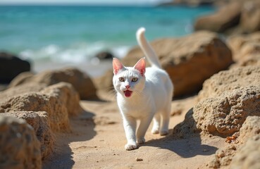 Fototapeta premium White cat walks along sandy beach with rocky outcrops. Ocean waves gently roll in background under clear blue sky. This serene coastal scene captures moment of natural beauty and tranquility.