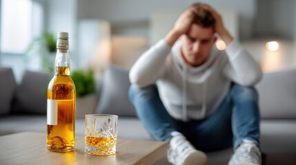 Distressed man holding head near a bottle and glass of alcohol. Depicts alcohol dependence, chronic abuse, craving, withdrawal symptoms, and physical suffering.