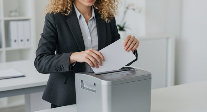 Businesswoman shredding confidential documents in an office setting, ensuring data privacy and security