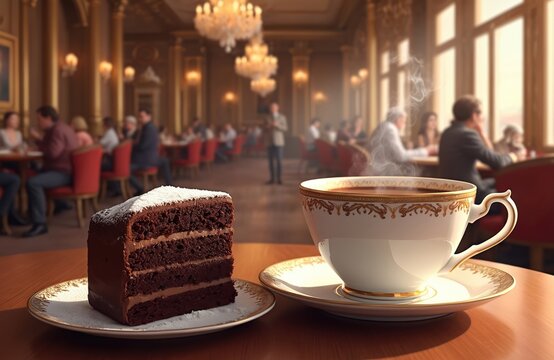 Slice of rich chocolate cake dusted with powdered sugar sits beside steaming cup of hot chocolate in Viennese coffee house. Elegant setting features ornate decor, blurred patrons enjoying cosy