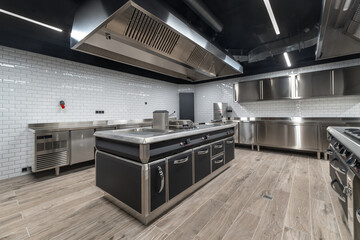 A pristine commercial kitchen showcases stainless steel appliances and a spacious layout designed...