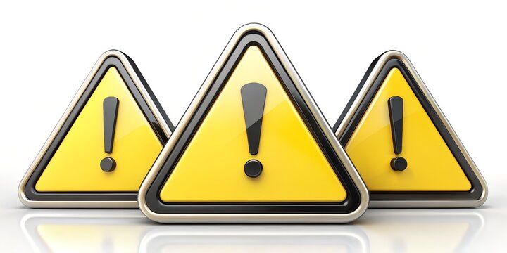 Three yellow warning signs with black exclamation marks inside triangles, isolated on white background, representing danger, caution, and alerts