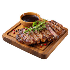 gourmet grilled steak with vegetables on wooden cutting board
