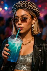 Junge Frau aus Generation Z trinkt Dirty Soda mit blauer Himbeere auf Party