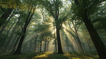 Naklejka premium Mystical Sunlight Shining Through the Canopy of a Verdant Forest Landscape