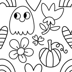 Autumn harvest vegetable seamless monster Halloween pumpkins pattern for wrapping paper and fabrics