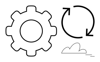 Gear, circular arrows, and cloud element representing process management, automation, and cloud integration. Ideal for workflow, business, technology networking development strategy. Simple flat