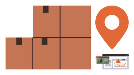Stacked brown cardboard boxes next to an orange location pin and analytics dashboard showing charts. Ideal for logistics, shipping, inventory management, delivery, tracking, supply chain, business