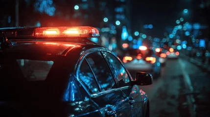 Fototapete Fahrzeug Premium photo of police car at night with flashing lights. Blurred city lights and other vehicles in the background.  © Akash