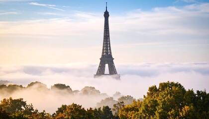 Ethereal Parisian skyline, the Eiffel Tower rising above a sea of morning mist.